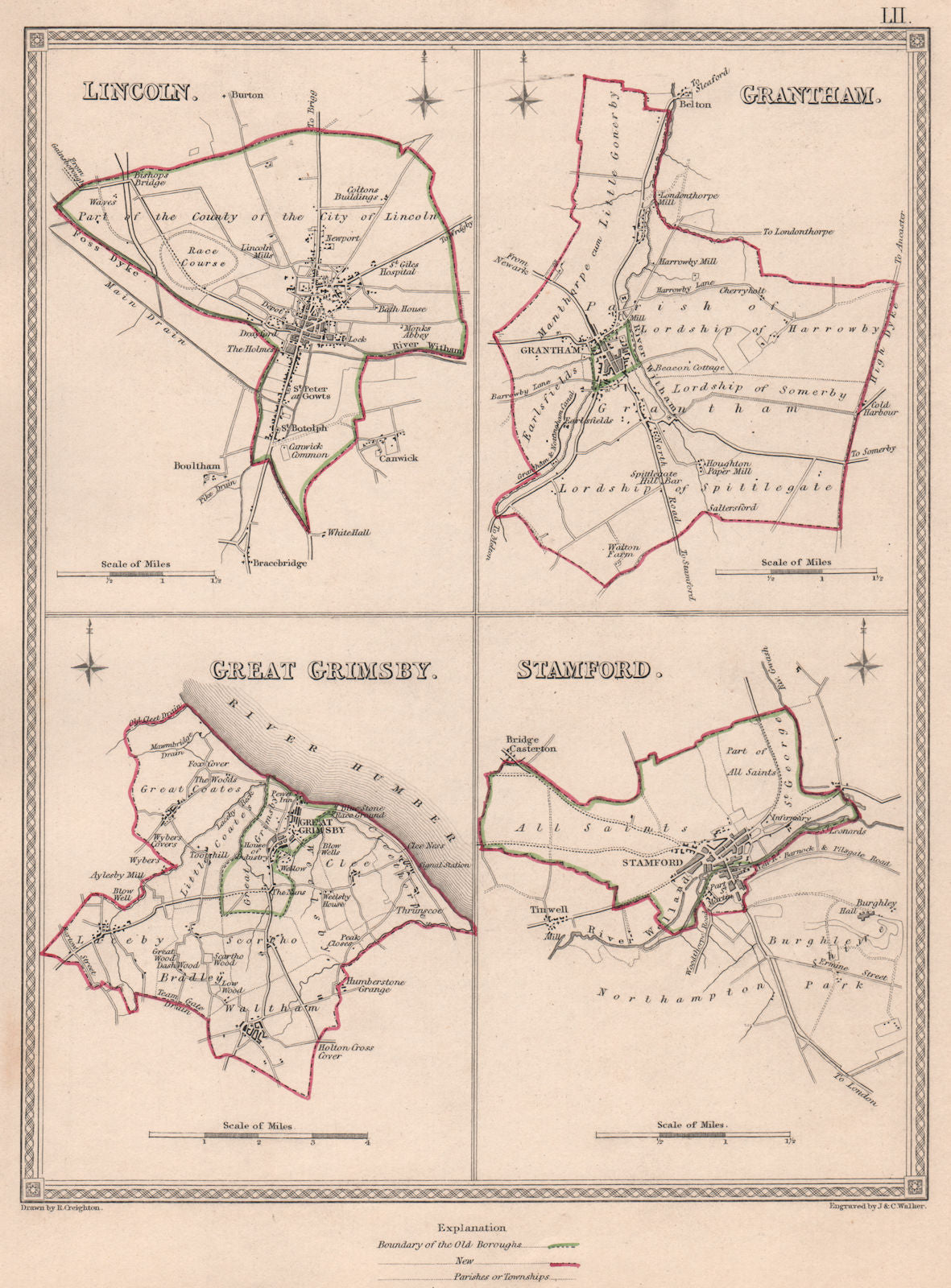 LINCOLNSHIRE TOWNS. Lincoln Grantham Grimsby Stamford.CREIGHTON/WALKER 1835 map